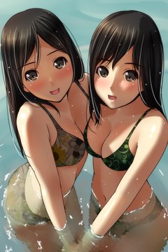 (e) 2 girls holding hands in the water