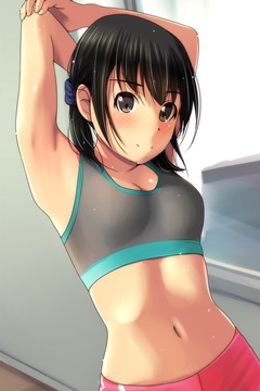 (e) in a tight tank top, stretching arms