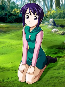 Shinobu kneeling on a forest clearing