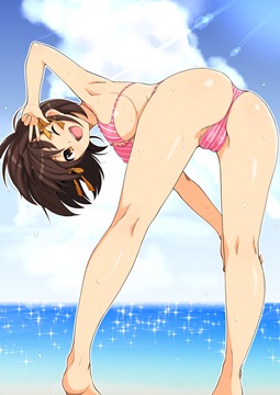 (e) (z) Haruhi in striped pink bikini bending over by haruhisky