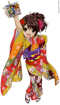 Haruhi in a floral kimono holding a CD (extracted)