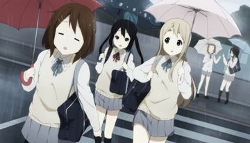girls walking in the rain