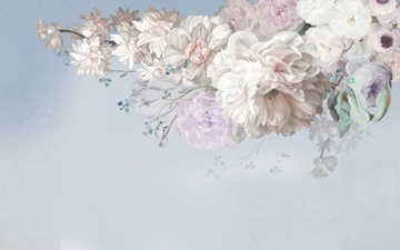 light pastel flowers from top right, light blue background