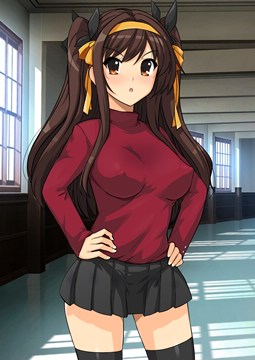 (e) (z) Haruhi in a red shirt standing in the corridor by haruhisky (cleaned)