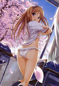 (e) girl taking shirt off under cherry tree