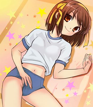 (e) Haruhi touching bloomers to reveal some pubes