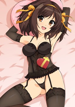 (e) Haruhi on a pink bed in mahogany lingerie by haruhisky