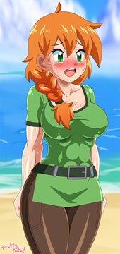 (e) 1; Alex in a green mini dress coming to the beach by pretty kute