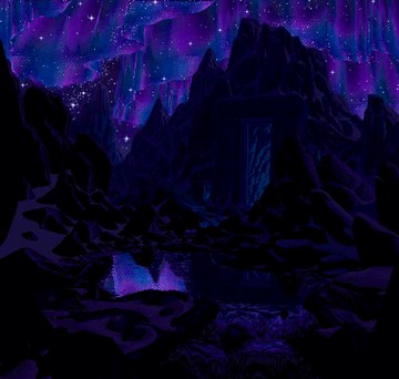 fantasy rocks at night, purple aurora