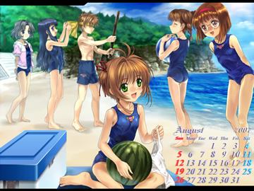 moe 11070 2007 august beach calendar daidouji tomoyo kinomoto sakura li syaoran mihara chiharu moonknives sasaki rika swimsuits yanagisawa naoko