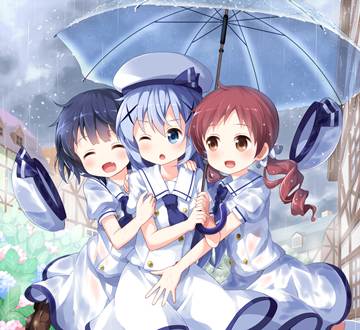 girls hiding under a single umbrella by ruu