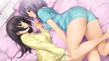 (y) Mikka and Charlotte lying on bed, holding hands (clothed)