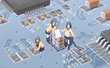 minigirls placing SMD components on circuit board