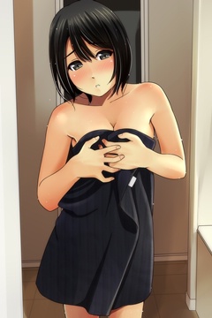 (e) after bath, holding black towel