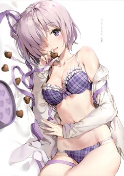 (e) girl in violet plaid lingerie, heart candies