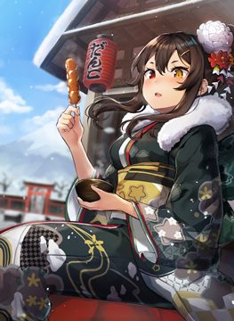 girl in kimono holding dango and a bowl of tea