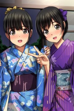two girls in kimonos, one showing the V-sign