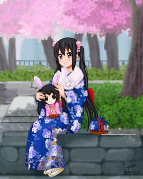 Azusa sitting in kimono on a retaining wall in hanami time