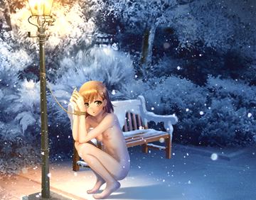 (b) misaka mikoto naked in winter, tied to a lamp post