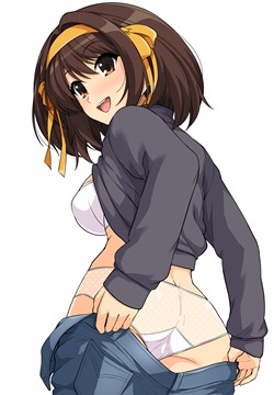(e) Haruhi taking her jeans off by haruhisky