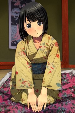 kneeling in a buff kimono