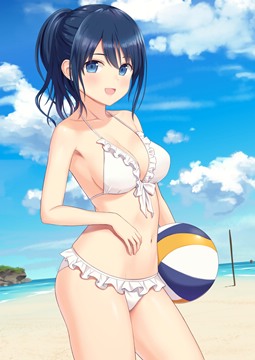 (e) girl in frilled white bikini on the beach holding ball by n. g.