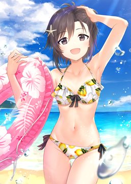 (e) Kikuchi Makoto on the beach with a pink innertube