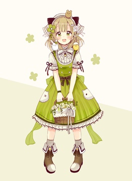 village girl in green dress holding basket of flowers by sakura oriko