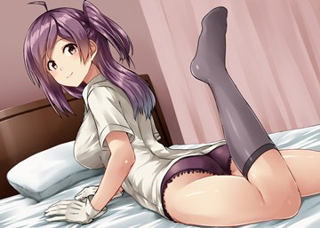 (e) Hagikaze on bed with purple pantsu