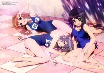 (e) Mikuru, Yuki, Haruhi in swimsuits on tiled floor