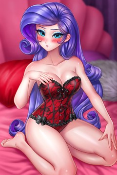 (e) Rarity kneeling on bed in a red leotard by racoon-kun