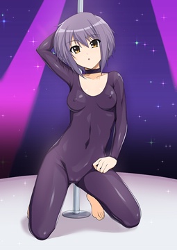 (e) Yuki in front of a dancing pole wearing a tight suit by haruhisky