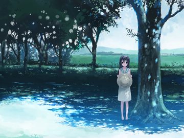 ! girl holding a hat, standing under a tree, field in the back