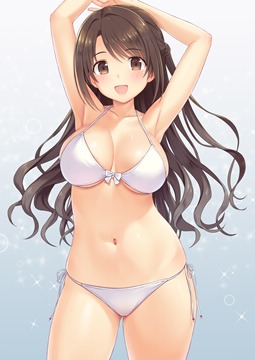 (e) Shimamura Uzuki in bikini, arms behind head