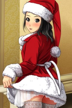 (e) in Christmas outfit, looking back, zettai ryouiki