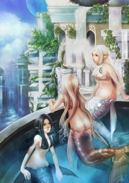 (e) mermaids in a pool-balcony overlooking a fantasy city