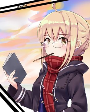 Saber in a warm coat eating pocky