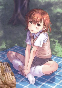Misaka Mikoto sitting on a picnic blanket by raika9