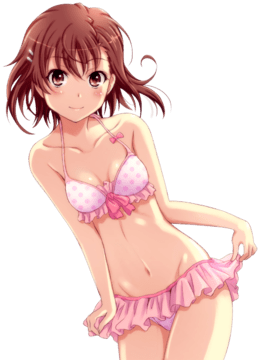 (e) Misaka Mikoto posing in pink bikini