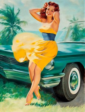 William Medcalf - woman in yellow dress leaning against a green vintage cabriolet