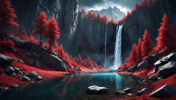 dark fantasy rocks and waterfalls covered with red trees