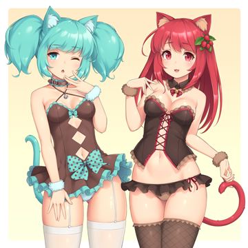 (e) 2 catgirls, aqua and red by sasaame