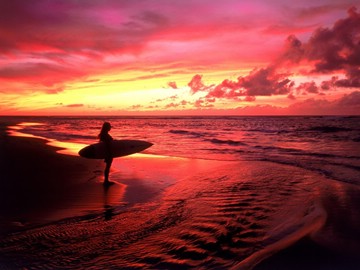 red sky, surfer