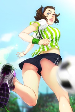 (e) girl running, boob bouncing, soccer ball