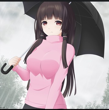 girl in pink sweater with black umbrella