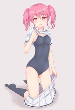 (e) Maruyama Aya showing swimsuit under school uniform