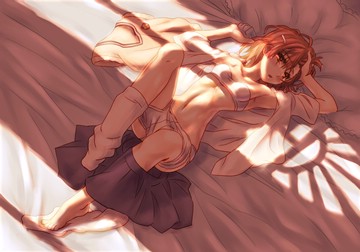 (e) Misaka Mikoto reclining on bed