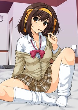 (e) Haruhi sitting on the bed, eating pocky by haruhisky
