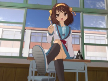 screenshot of Haruhi sitting on a school desk