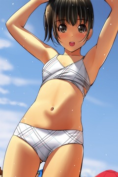 (e) on the beach in bikini with light plaid pattern